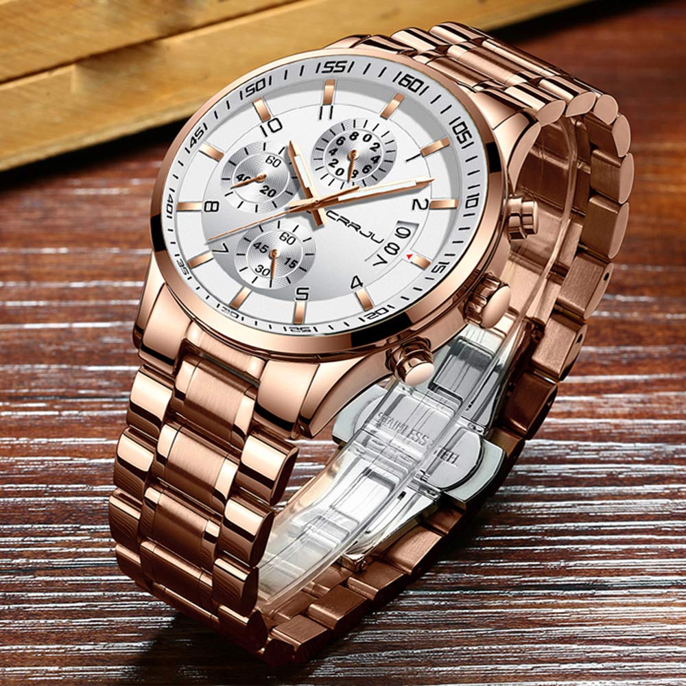 CRRJU Men's Fashion Stainless Steel Watches Date Waterproof Chronograph Wristwatches,Black Steel Band Waterproof Quartz Watch for Men