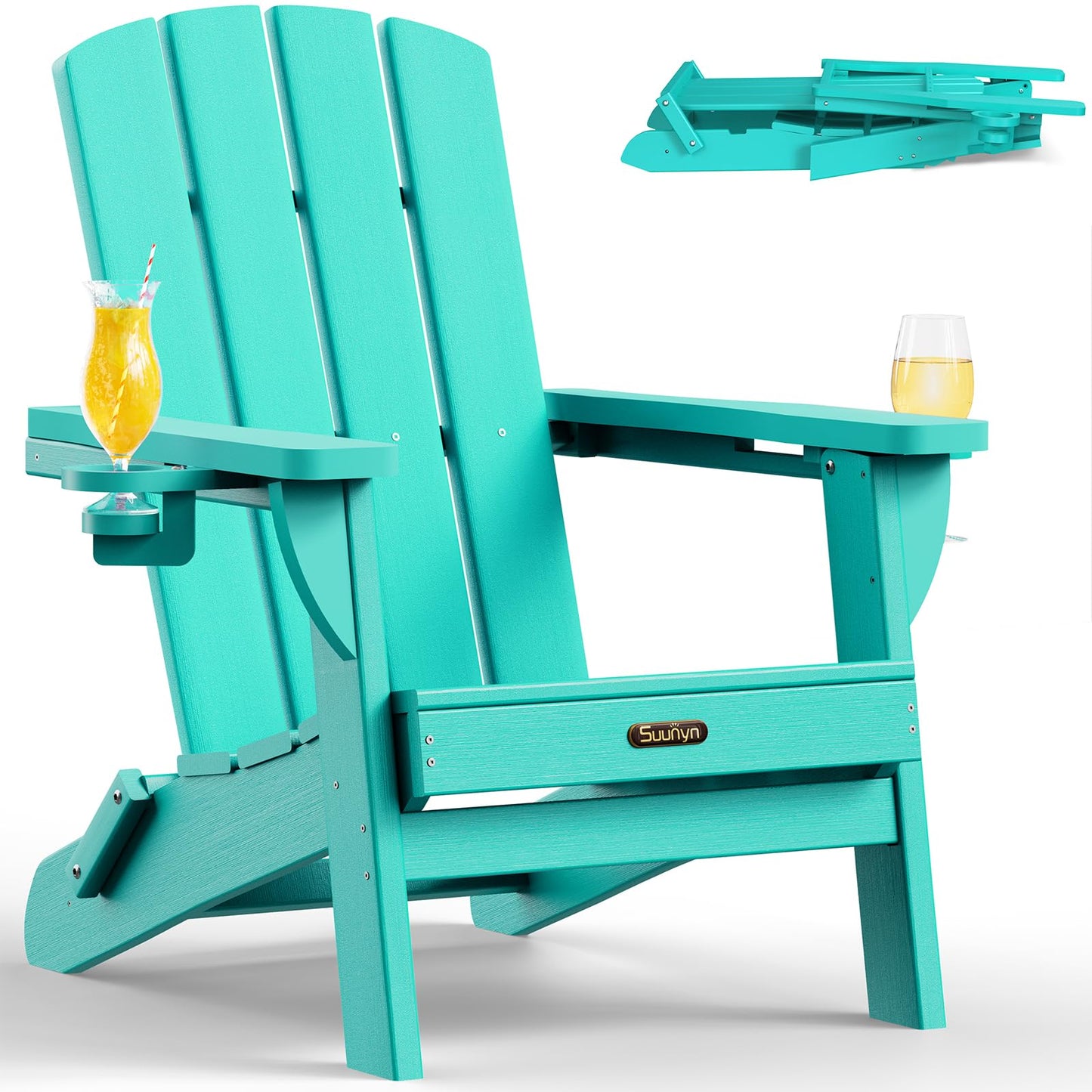 Folding Adirondack Chair, HDPE Adirondack Chairs with 2 Cup Holder, Plastic All-Weather Fire Pit Chairs, Outdoor Lawn Chair for Patio Garden (Grey)