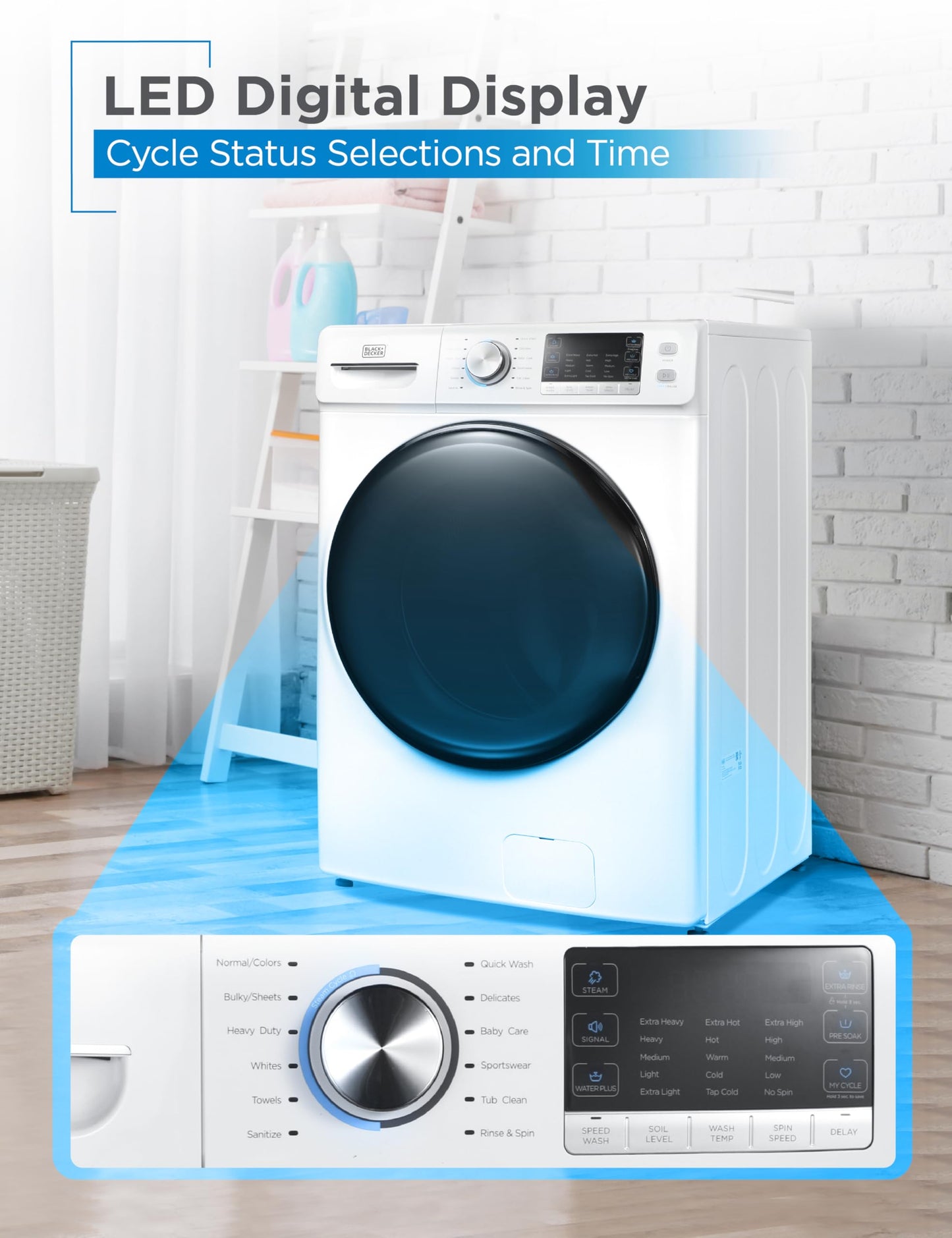 BLACK+DECKER 0.9 Cu. Ft. Portable Washer, 6.6 lb. Capacity Washing Machine for Homes & Apartments, 5 Wash Cycles, Quick Connect Sink Adapter and Drain Hose Included, LED Display, BPWM09W, White