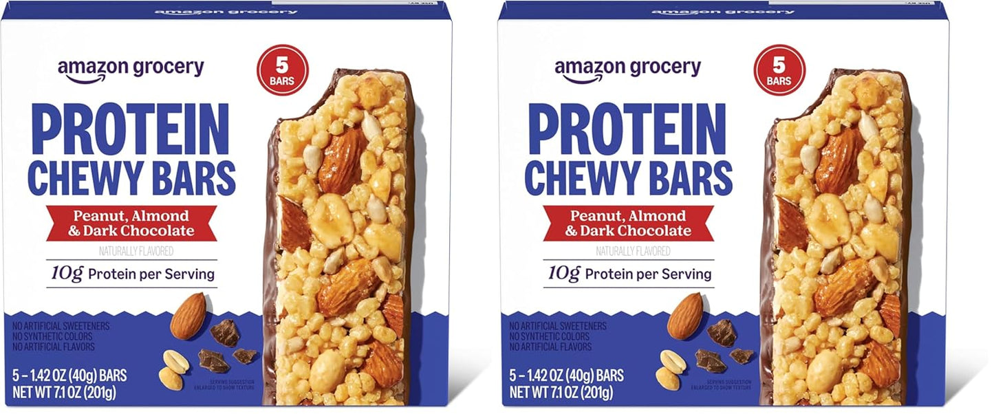 Amazon Brand - Happy Belly Protein Chewy Bars, Peanut, Almond & Dark Chocolate, 5 Count (Pack of 2)