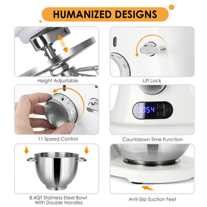 8.4QT Commercial Stand Mixer 800W with Aluminum Die Casting Meets the Standard of NSF/ANSI 8-2023, Mixers Kitchen Electric Stand Mixer with Stainless Steel 8L Bowl, Dough Hook, Whisk and Beater