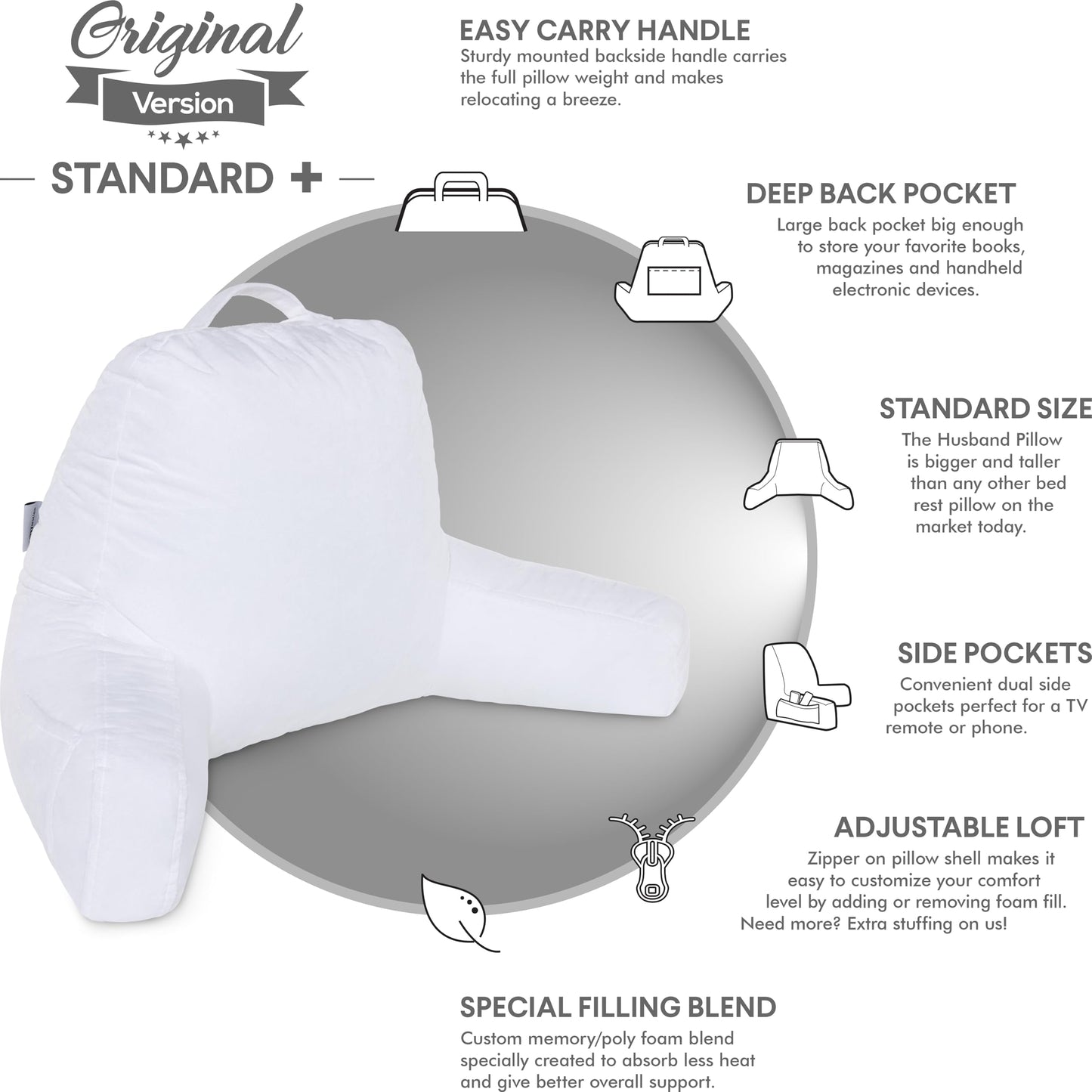 Husband Pillow XXL The Original for Adults - 30" Tall Backrest for Sitting Up in Bed - Firm Support Reading & Bed Rest Pillows for Adults, Neck Roll, Removable Cover - TV - Dark Grey