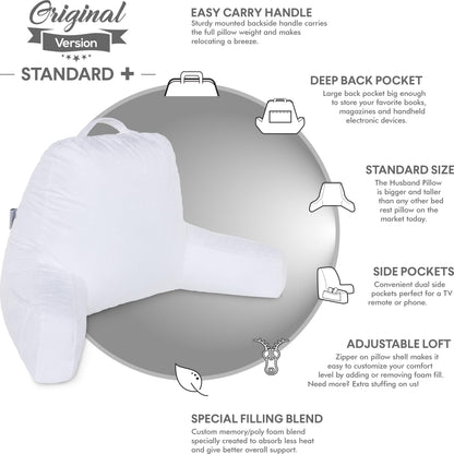 Husband Pillow XXL The Original for Adults - 30" Tall Backrest for Sitting Up in Bed - Firm Support Reading & Bed Rest Pillows for Adults, Neck Roll, Removable Cover - TV - Dark Grey