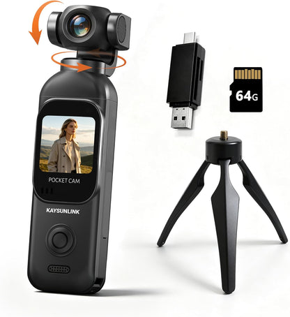 Kaysunlink 1080P Vlogging Camera with 270°Rotatable Lens, Handheld POV Pocket Camera with Touch Screen & WIFI, 5 Hours Power, One-button Recording Camcorder with 64GB Card for Daily Use, Travel, Black