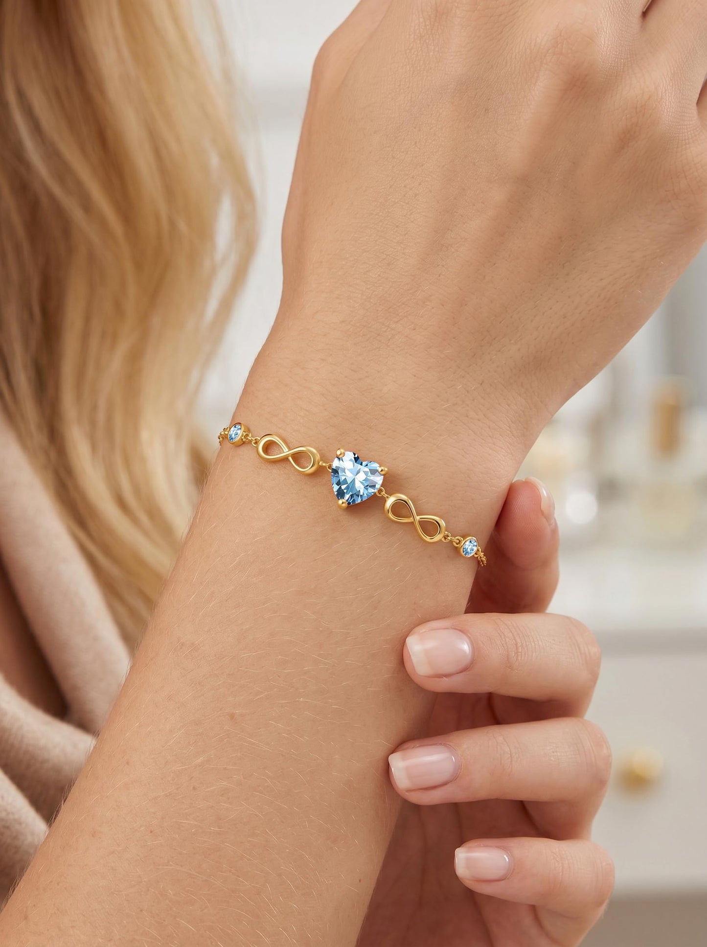 14K Gold Infinity Birthstone Bracelets for Women, Infinity Love Heart Birthstone Link Bracelets for Women, 14K Gold Plated Jewelry Birthday Gifts for Wife Girlfriend Mom, 7+2 Inch