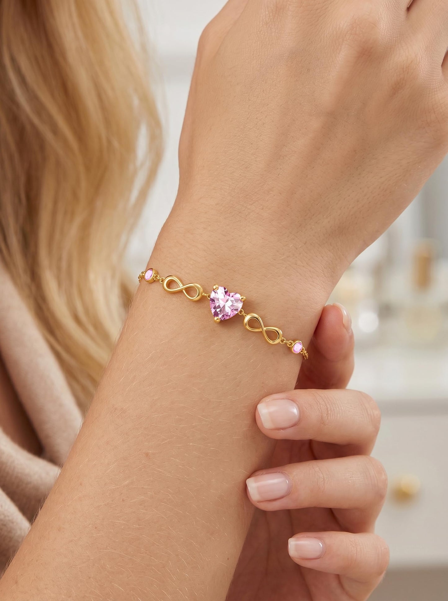 14K Gold Infinity Birthstone Bracelets for Women, Infinity Love Heart Birthstone Link Bracelets for Women, 14K Gold Plated Jewelry Birthday Gifts for Wife Girlfriend Mom, 7+2 Inch