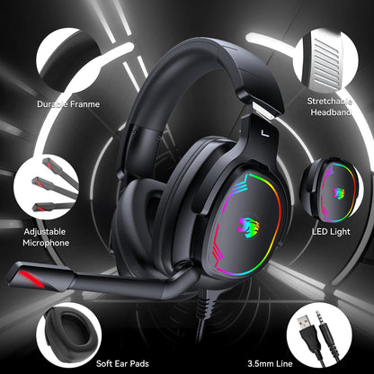Jimonyer Gaming Headset for PS5 PS4 Xbox Series X|S PC Switch, 7.1 Surround Sound Over Ear Headphones with Noise Canceling Mic, RGB LED Light, Soft Memory Earmuffs Headset for Gaming or Work (Blue)