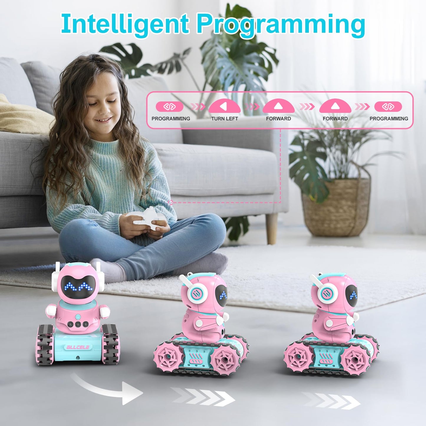 ALLCELE Girls Robot Toy, Rechargeable RC Robot for Kids, Remote Control Toy with Music and LED Eyes, Gift for Children Age 3 Years and Up - Pink
