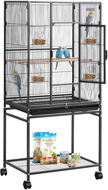 VEVOR Bird Cage, 24.6 x 16.7 x 53.9 inch, Flat Top, Wrought Iron Bird Flight Cage with Perches, Slide-Out Tray and Plastic Feeders, Casters, for Parrot, Blue Tit, Cockatiel, Canary, Budgerigar, Conure