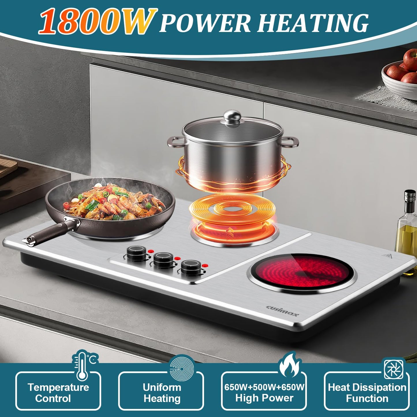 Cusimax Hot Plate Electric,Countertop Infrared Triple Burner with 7″ Ceramic Glass Cooktop,Electric Hot Plate for Cooking,11 Level Temperature Setting