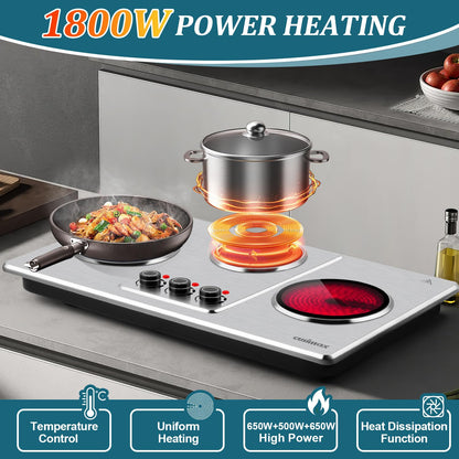 Cusimax Hot Plate Electric,Countertop Infrared Triple Burner with 7″ Ceramic Glass Cooktop,Electric Hot Plate for Cooking,11 Level Temperature Setting