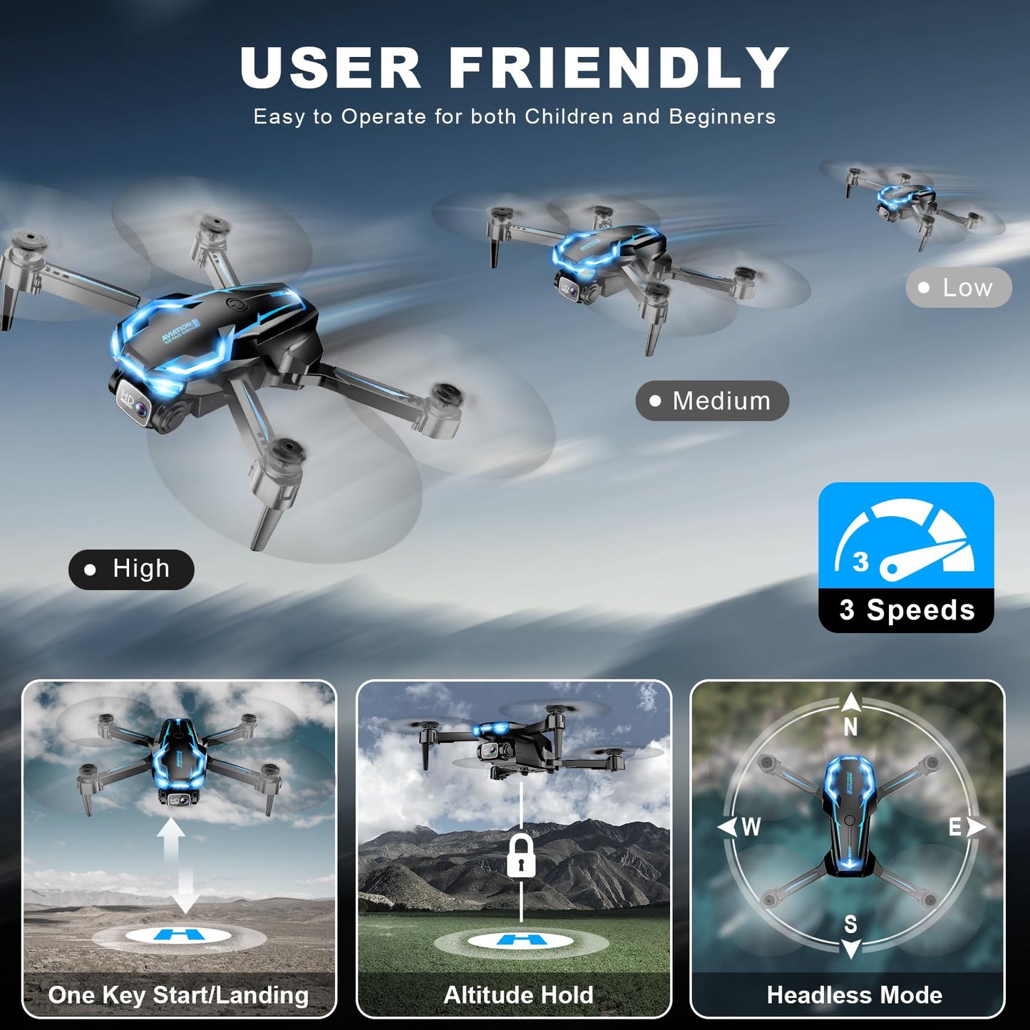 Drone with Camera for Adults, 2K HD FPV Drones with Upgrade Altitude Hold, One-Key Take Off/Landing, Speed Adjustment, Headless Mode, 2 Batteries, Toys Gifts for Teen Boys Girls, Beginner