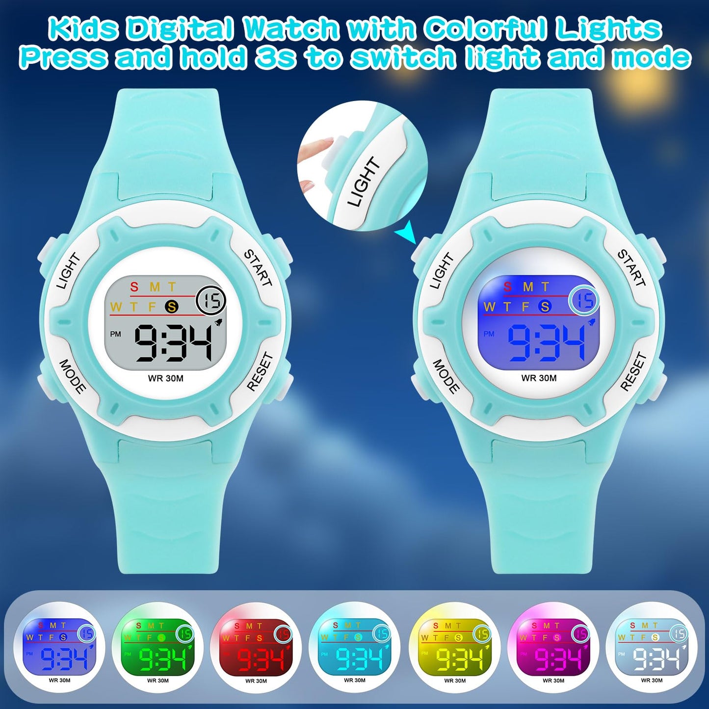 DTKID Digital Kids Watch 30 M Waterproof, 7 Color Lights Time Teaching Watch Easy to Read for Girls Boys 5-16