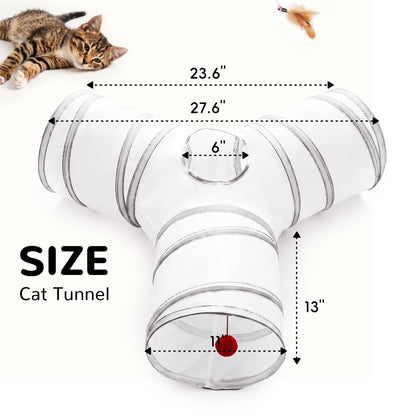 Tempcore Pet Cat Tunnel Tube Toys 3 Way Collapsible, Tunnels for Indoor Cats, Interactive Tube with Teaser Wand, Peek Holes & Hanging Ball, Black & Blue