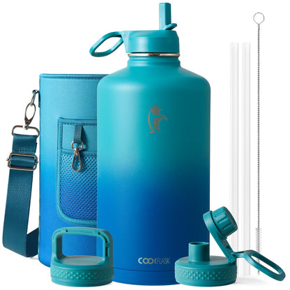 Half Gallon Water Bottle Insulated with Straw & 3 Lids, Coolflask 64 oz Water Jug Large Metal Stainless Steel Wide Mouth for Sports, Gym or Office, Non-BPA Keep Cold 48H Hot 24H, Samurai Cyan