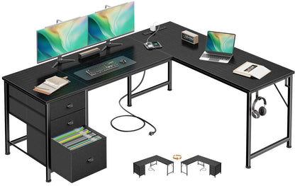 Furologee 63" L Shaped Desk with Power Outlets & USB-C Port, Reversible Corner Computer Desk with 3 Fabric Drawers, Hooks, Large Home Office Desk for Gaming, Writing, Work, Black