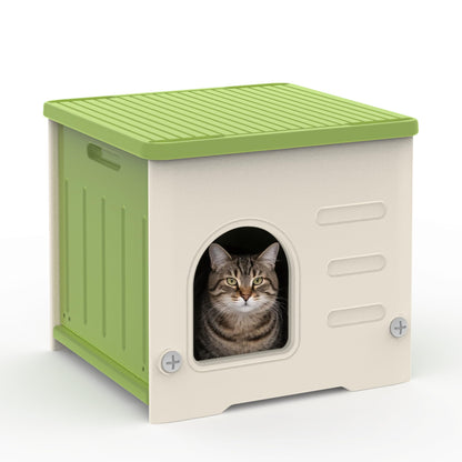Plastic Cat House for Outdoor Indoor Use, Stackable Feral Cat Shelter Indoor Cat House Weatherproof Waterproof Elevated (Green)