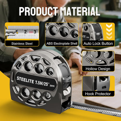 STEELITE Tape Measure 25'FT Stainless Steel Waterproof & Rustproof Retractable Measuring Tape with Hollow Design Carbon Fiber