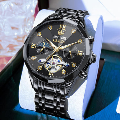 OLEVS Skeleton Men Watches Automatic Business Luxury Diamond Self Winding Watch for Men Stainless Steel Calendar Wrist Watch
