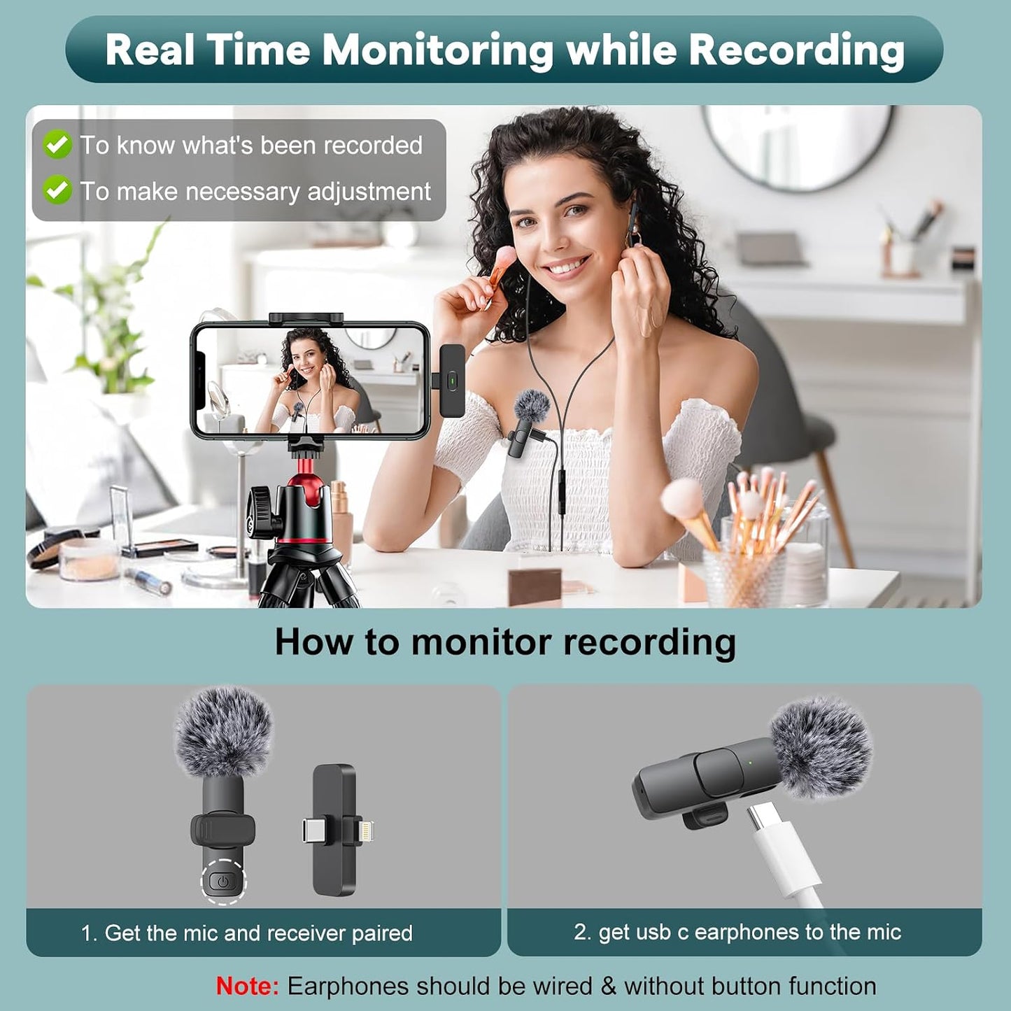MAYBESTA Wireless Mini Microphone for iPhone, Android Phone - 2 Pack Lavalier Lapel Mic for Audio Video Recording - Clip on Content Creator Microphones for YouTube Tiktok Podcast Vlogging