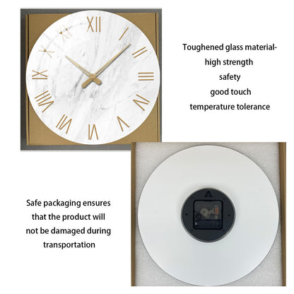 White Marble Glass Wall Clocks Battery Operated 12 Inch Abstract Decorative Analog Wall Clocks for Living Room Bedroom Office Silent Wall Clock Modern