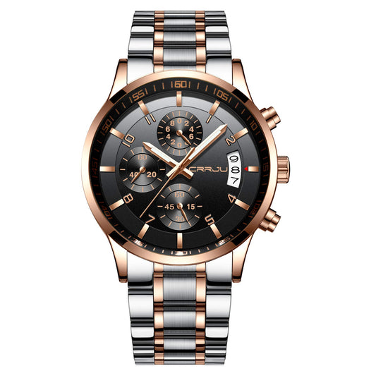 CRRJU Men's Fashion Stainless Steel Watches Date Waterproof Chronograph Wristwatches,Black Steel Band Waterproof Quartz Watch for Men