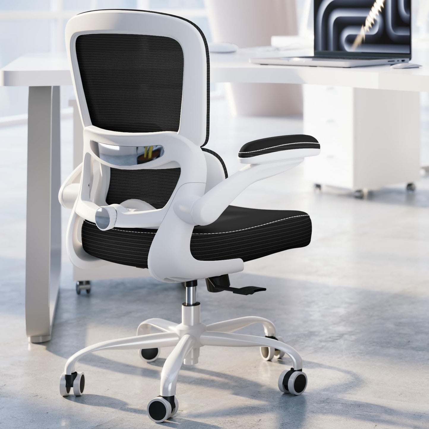 TRALT Ergonomic Office Chair - Desk Chair with Adjustable Lumbar Support Computer Chair - Mesh Comfy Chair with Flip-up Armrests - Gaming Chairs for Adults Home Office (Leather, White)