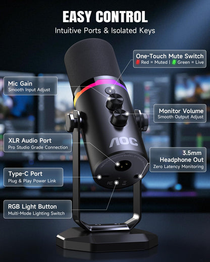 AOC USB/XLR Dynamic Microphone for PC Gaming, Podcast & Recording, Dual-Mode RGB Mic& Streaming Vocal Gear with Heavy-Duty Desk Stand, Clicky Mute, 7.5ft USB & 6.5ft XLR Cables Included
