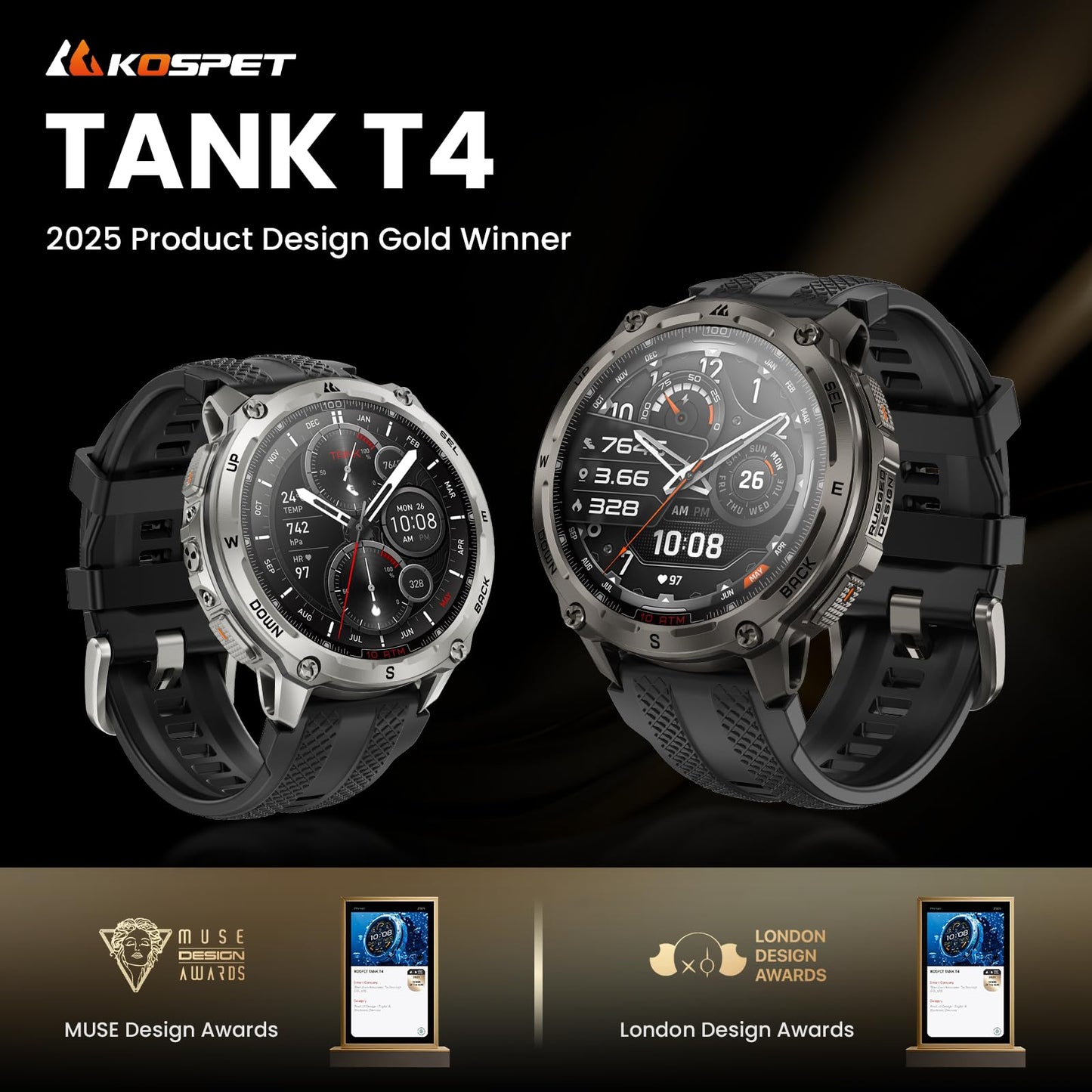 KOSPET Tank T4 Rugged Smart Watch for Men, GPS & Offline Maps, Full Stainless Steel, 10ATM Waterproof 45m Freediving, 180+ Sports Modes, 15-Day Battery, Bluetooth Calls, Heart Rate & Sleep Monitor
