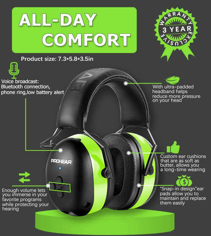 PROHEAR 037 Bluetooth 6.0 Hearing Protection Headphones with Rechargeable 1500mAh Battery, 30dB SNR Safety Noise Reduction Ear Muffs 120H Playtime for Mowing, Workshops, Snowblowing - Black