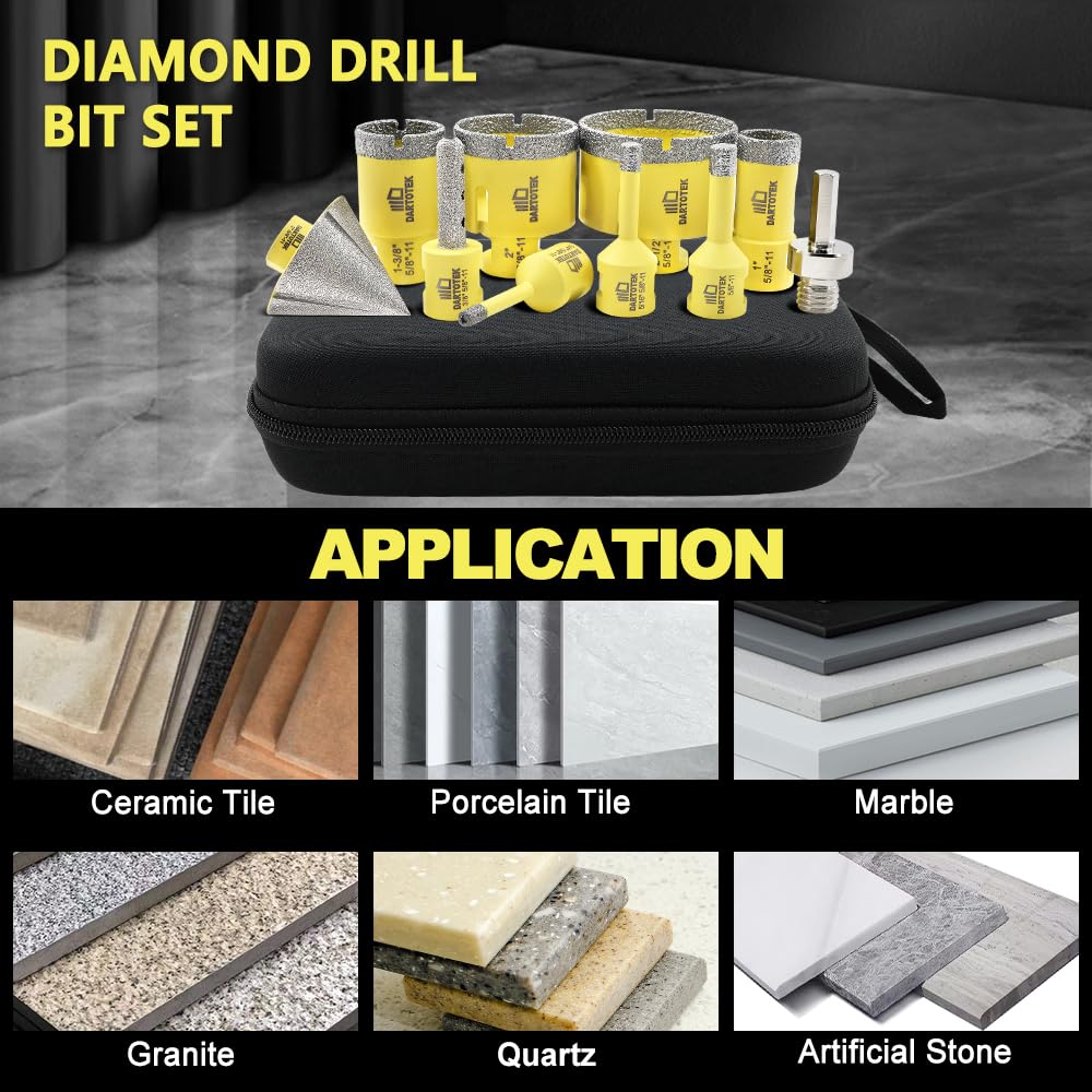 Diamond Core Drill Bits Set for Tile, DARTOTEK 10PCS Porcelain Hole Saw Kit with Aluminum Case, (6/6/8/20/35/50/65mm+2" Chamfer bit +SDS Adapter, Dry/Wet Drilling for Ceramic, Granite & Marble