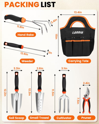 9 Piece Garden Tool Set | Heavy Duty Stainless Steel, Ergonomic Non-Slip Rubber Handles, Pruning Shears, Trowel, 600D Storage Tote Bag