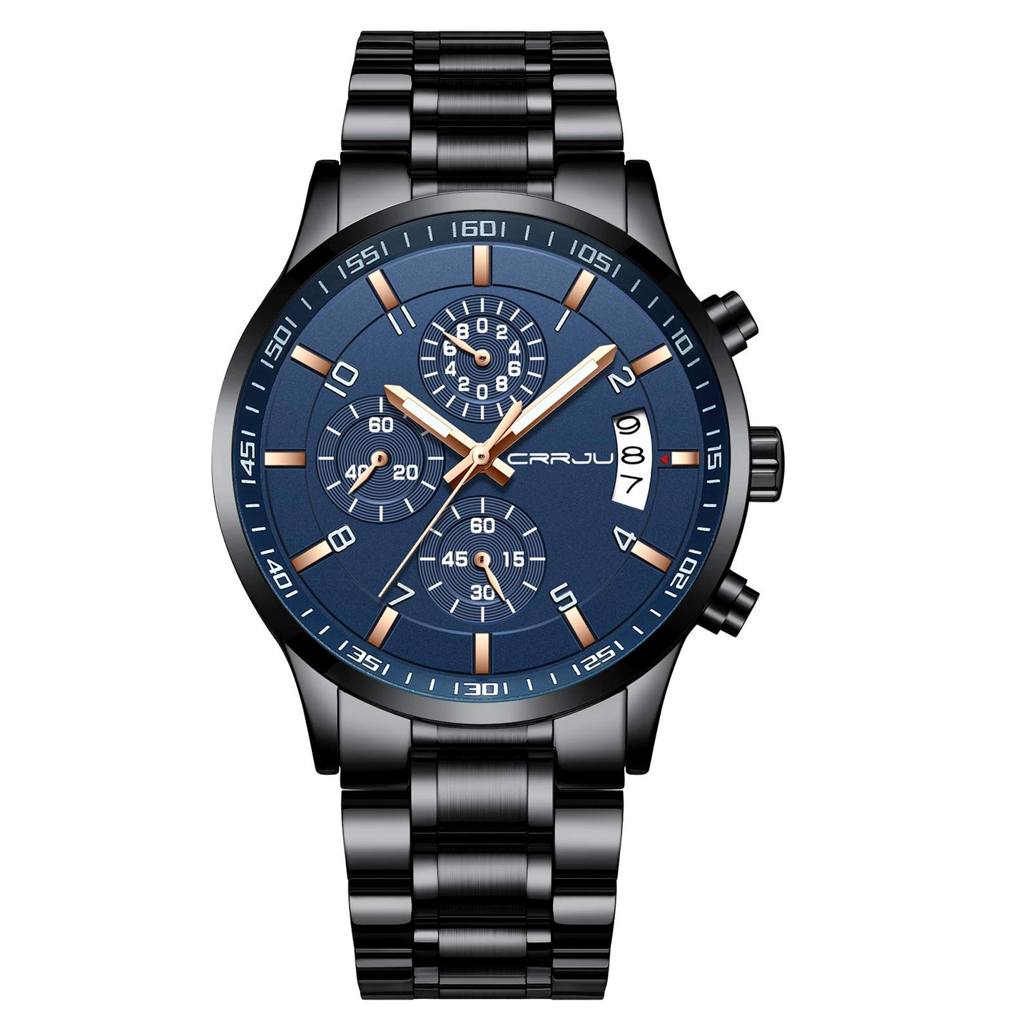 CRRJU Men's Fashion Stainless Steel Watches Date Waterproof Chronograph Wristwatches,Black Steel Band Waterproof Quartz Watch for Men