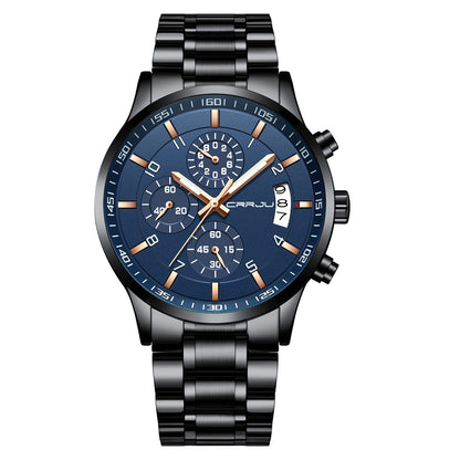 CRRJU Men's Fashion Stainless Steel Watches Date Waterproof Chronograph Wristwatches,Black Steel Band Waterproof Quartz Watch for Men