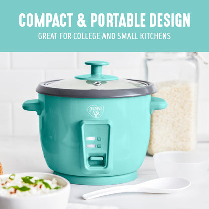 GreenLife Rice Cooker with Removable PFAS-Free Ceramic Nonstick Pot, 3-Cups Uncooked/6-Cups Cooked, Grains & Oatmeal Multicooker, Compact One-Switch Design, Auto Keep Warm, Easy Clean, Cream