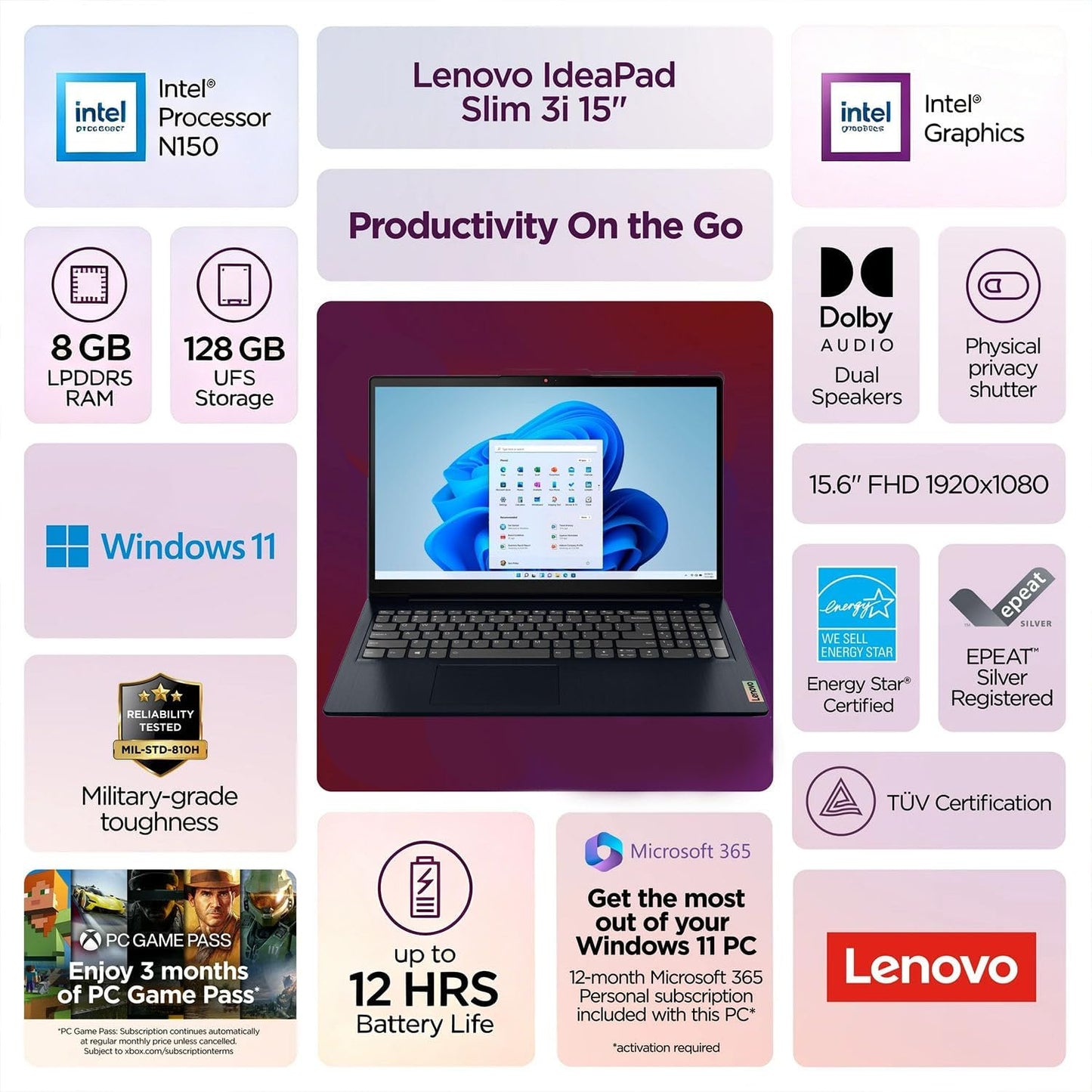 Lenovo IdeaPad Slim 3i • 15.6" FHD Laptop with Microsoft 365 Included • Intel N150 CPU • 8GB DDR5RAM • 128GB SSD • Windows 11