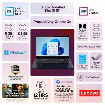 Lenovo IdeaPad Slim 3i • 15.6" FHD Laptop with Microsoft 365 Included • Intel N150 CPU • 8GB DDR5RAM • 128GB SSD • Windows 11