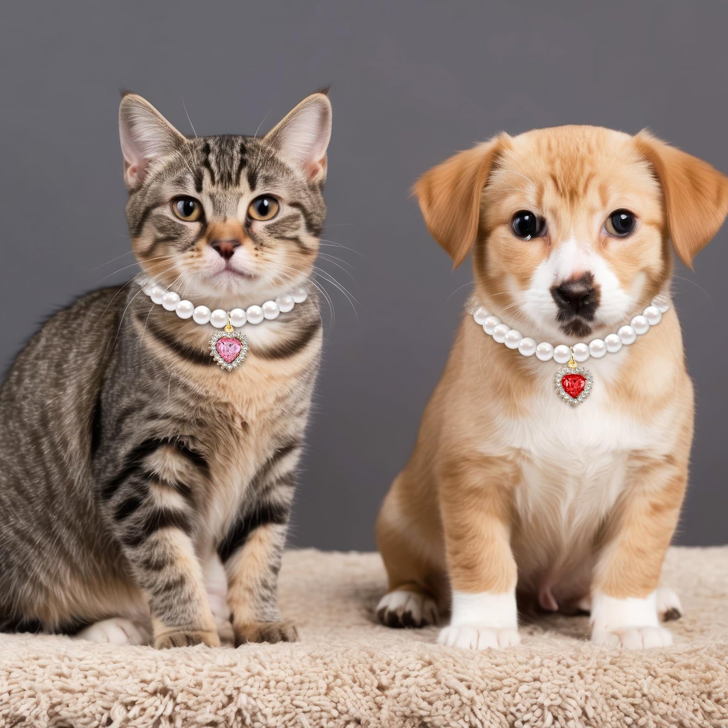 Tyqour 2pcs Cute Girl Cat Collar, Pearl Cat Dog Collar with Small Heart Shape Rhinestone for Small Dogs and Cats Adjustable Fancy Dog Pearl Necklace Collars, Pink Heart + White Heart