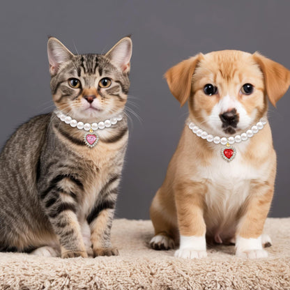 Tyqour 2pcs Cute Girl Cat Collar, Pearl Cat Dog Collar with Small Heart Shape Rhinestone for Small Dogs and Cats Adjustable Fancy Dog Pearl Necklace Collars, Pink Heart + White Heart