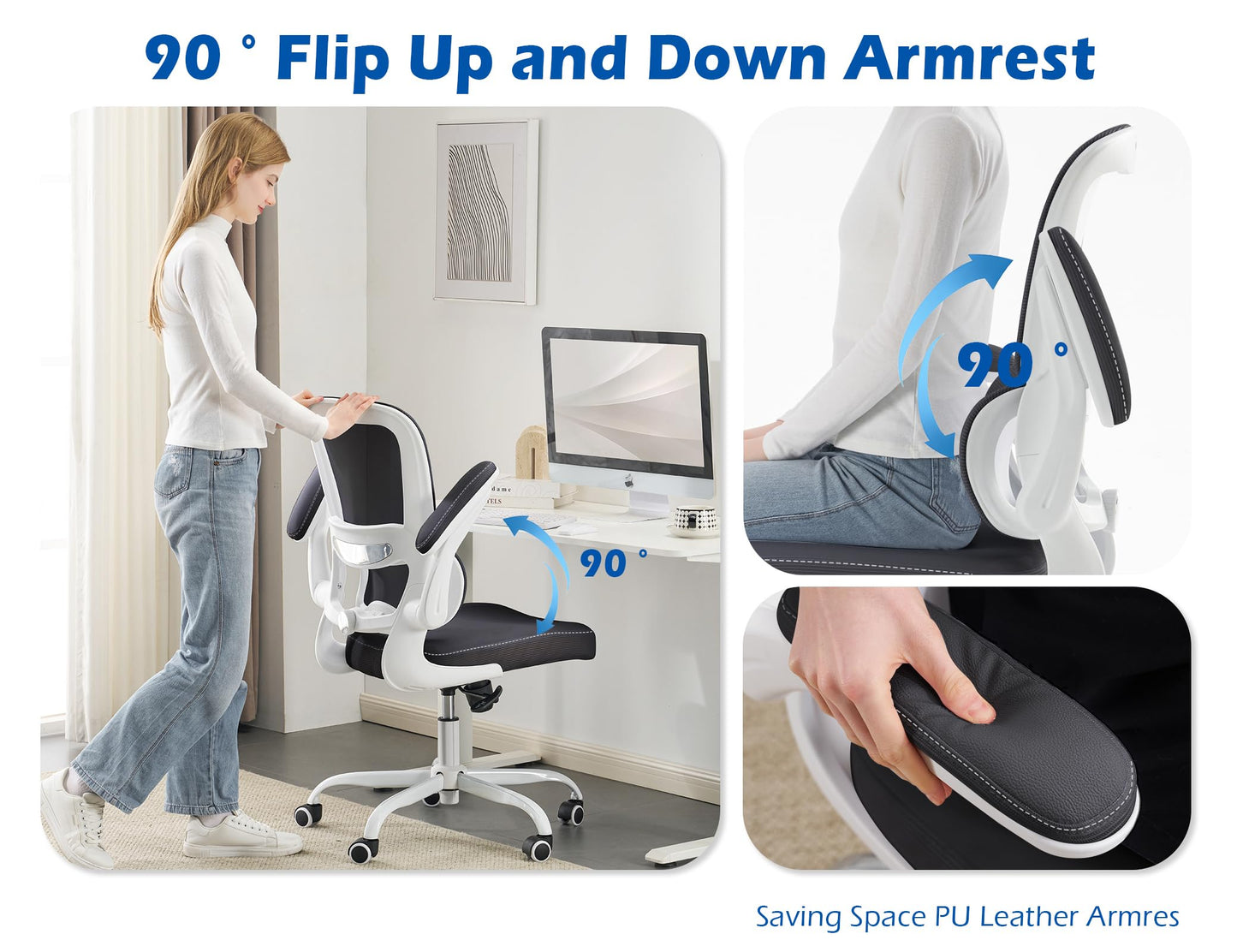 TRALT Ergonomic Office Chair - Desk Chair with Adjustable Lumbar Support Computer Chair - Mesh Comfy Chair with Flip-up Armrests - Gaming Chairs for Adults Home Office (Leather, White)