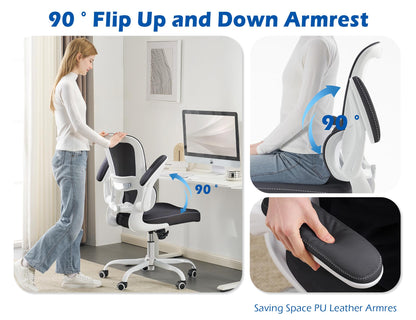 TRALT Ergonomic Office Chair - Desk Chair with Adjustable Lumbar Support Computer Chair - Mesh Comfy Chair with Flip-up Armrests - Gaming Chairs for Adults Home Office (Leather, White)