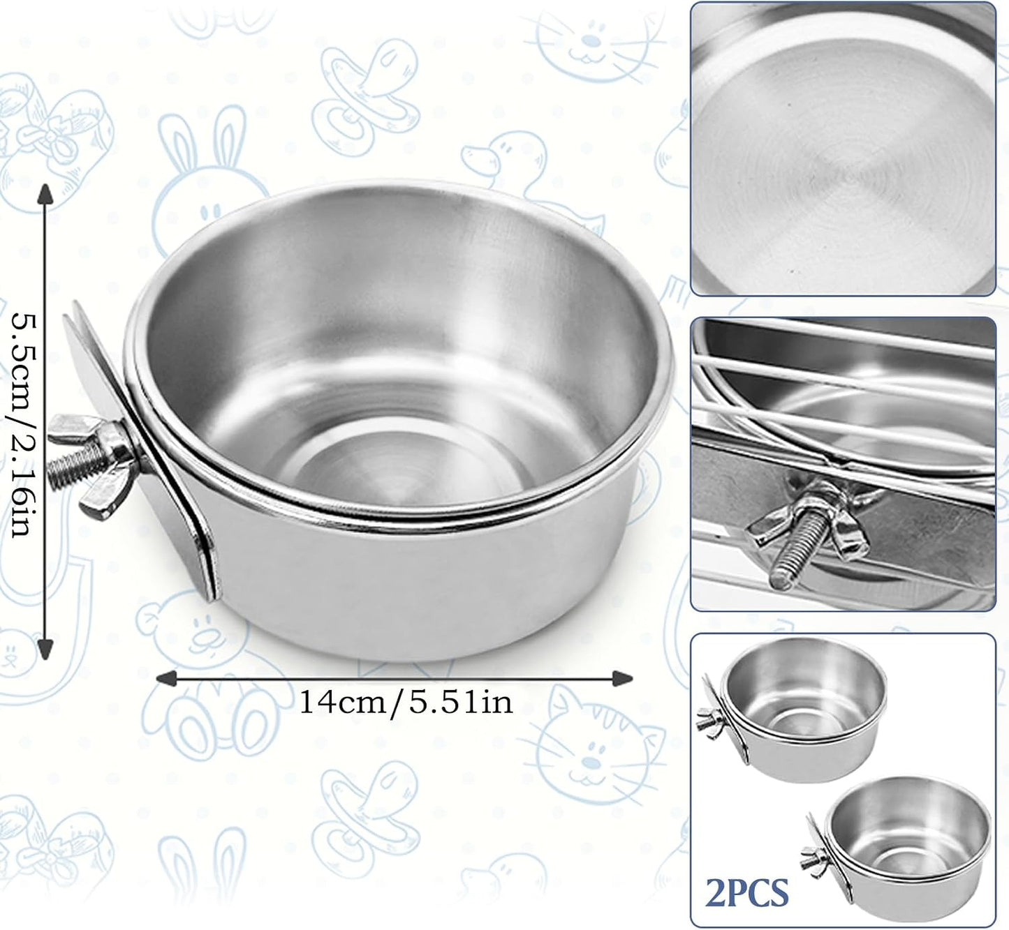 PINVNBY Parrot Feeding Cups Birds Food Dish Stainless Steel Parrot Feeders Water Cage Bowls with Clamp Holder for Cockatiel Conure Budgies Parakeet Parrot Macaw Small Animal Chinchilla Pack of 2