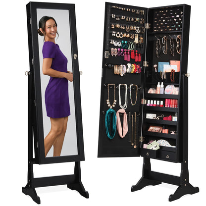 Best Choice Products Freestanding Jewelry Armoire Cabinet, Full Length Standing Mirror, Lockable Makeup Storage Organizer, w/Velvet Lining, 3 Angles, Lock, Accessory Pouch, 5 Shelves - White