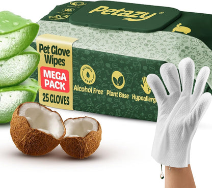 Petazy Pet Glove Wipes for Dogs & Cats – Hypoallergenic Thick Cleaning Gloves with Aloe & Coconut Oil for Paws, Face, Ears & Butt, Instant No Rinse Grooming Wipes to Deodorize and Hydrate, 25 Pack