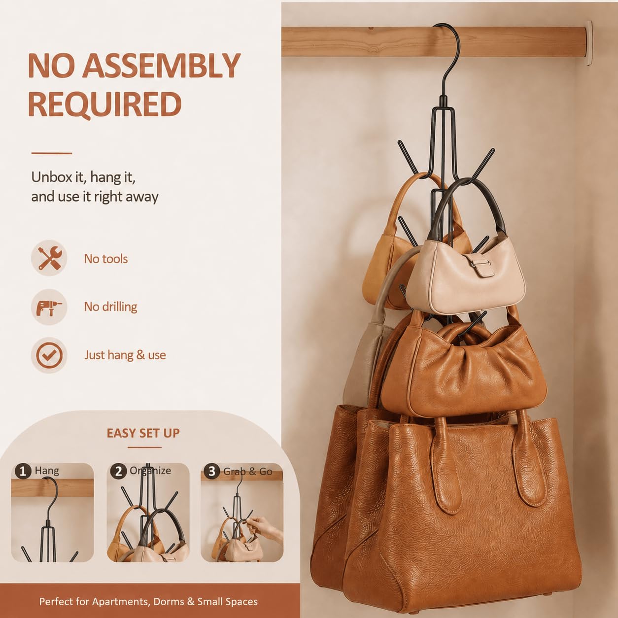 ZEDODIER 2 Pack Purse Organizer for Closet, Heavy-Duty Hanging Purse Hanger Closet Holds Up to 12 Purses, Metal Rotating Space Saving Bag Holder Handbag Storage Hook Backpack Rack, Silver