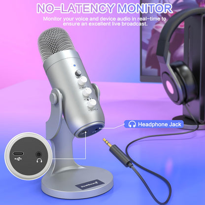 ZealSound Podcast Microphone for PC, Noise Cancellation USB Mic with Gain, Volume Adjustment & Mute Button, Monitoring & Echo, for YouTube, TikTok, Podcasting, Streaming, iPhone, iPad, Android, Mac