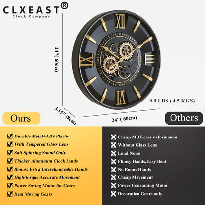 CLXEAST Mid Century Minimalist Modern Wall Clocks,24 Inch Wall Clock with Moving Gears, Large Cream Gold Wall Clocks for Living Room Decor,House Warming Gifts New Home