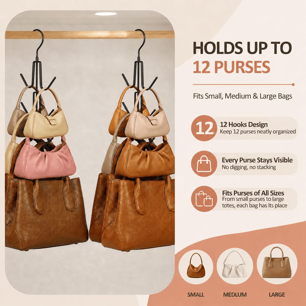 ZEDODIER 2 Pack Purse Organizer for Closet, Heavy-Duty Hanging Purse Hanger Closet Holds Up to 12 Purses, Metal Rotating Space Saving Bag Holder Handbag Storage Hook Backpack Rack, Silver