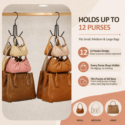 ZEDODIER 2 Pack Purse Organizer for Closet, Heavy-Duty Hanging Purse Hanger Closet Holds Up to 12 Purses, Metal Rotating Space Saving Bag Holder Handbag Storage Hook Backpack Rack, Silver