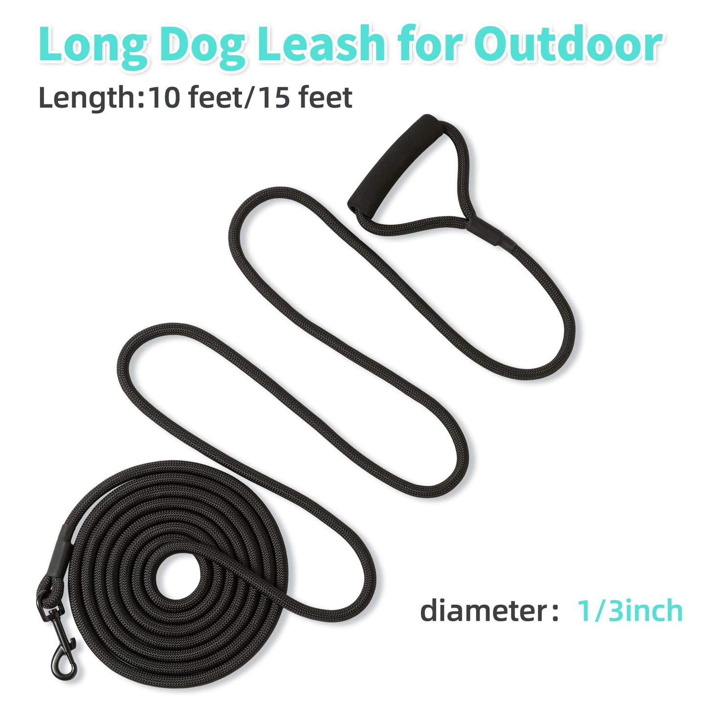 Mile High Life Dog Leash, 5FT x 1/2IN Black, with Padded Handle | Heavy-duty nylon rope leash with soft handle & steel tips. Comfortable grip for daily walks with small to large dogs.